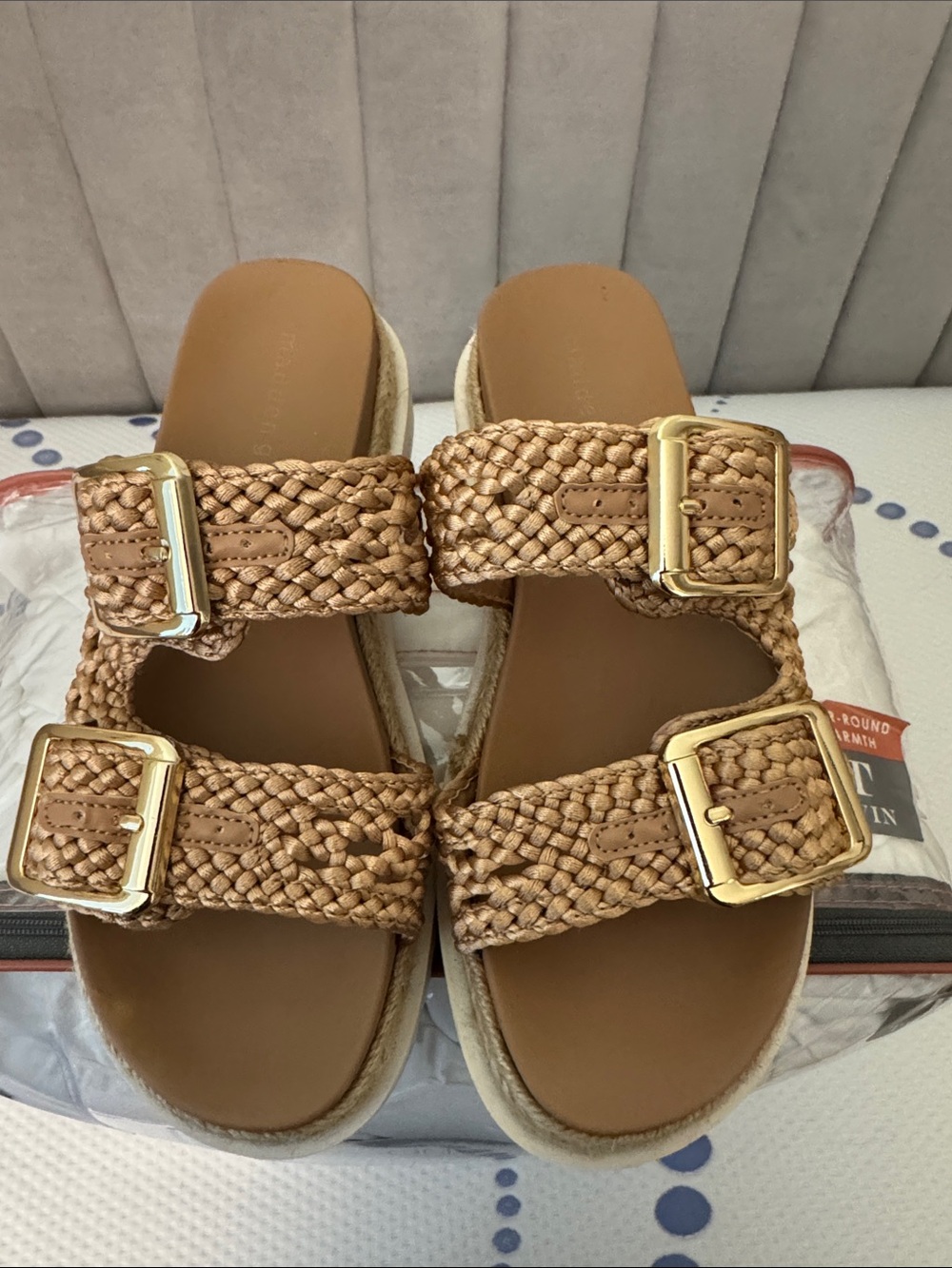 Madden Girl Braided Double-Buckle Slide Sandals in Tan with Gold Buckles
